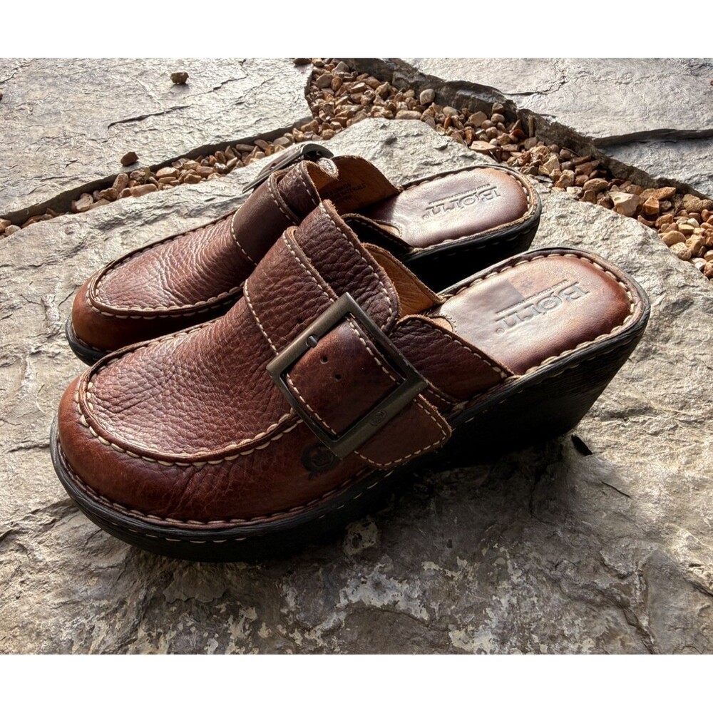 Born Y2K Clogs Mules Wedges Women Size 6 Brown Pebble Leather Buckle Detail